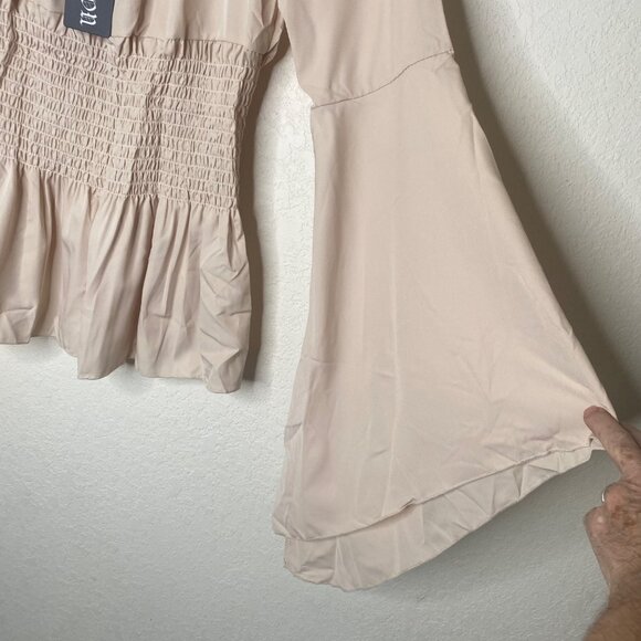 NWT Boosom Off-Shoulder Smocked Peplum Top Womens Size S Tan Flared Sleeves Boho - Picture 5 of 12